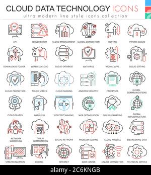 Vector Cloud data technology ultra modern color outline line icons for apps and web design Stock Vector