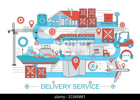 Modern Flat thin Line design Delivery logistics cargo service concept for web banner website, presentation, flyer and poster Stock Vector