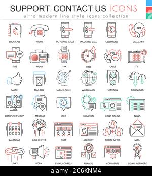 Vector contact us support modern color flat line outline icons for apps and web design Stock Vector