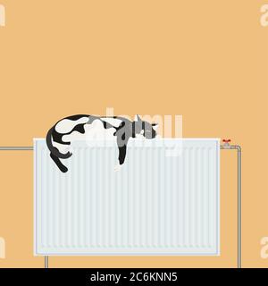 Cute cat relaxing sleeping on battery platform. Winter warm illustration. Domestic pet cat feeling cold Stock Vector
