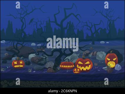 Midnight halloween background with pumpkins and trees Stock Vector