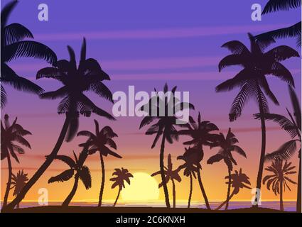 Palm coconut trees Silhouette at sunset or sunrise. Realistic vector illustration. Earth paradise on the beach Stock Vector