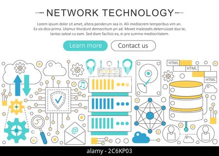 Vector elegant thin line flat modern Network technology concept. Website header banner elements layout. Presentation, flyer and poster Stock Vector