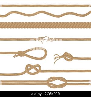 Set of realistic vector brown ropes and knots brushes isolated Stock Vector
