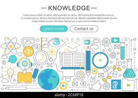 Vector elegant thin line flat modern Knowledge searchng concept. Website header banner elements layout. Presentation, flyer and poster Stock Vector