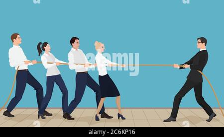 Powerful strong businessman competing with group of businessmen office people team playing tug of war battle Stock Vector