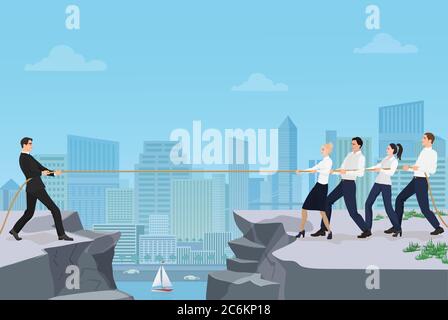Powerful strong businessman competing with group of businessmen office people team playing tug of war battle between the rocks on the city background Stock Vector