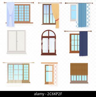 Set of high quality various Vintage Windows with curtains on the alpha transperant background Stock Vector