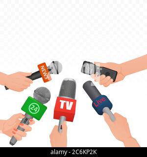 Interview news microphones and voice recorder in hands of reporters journalist press conference. Hot news banner template poster Stock Vector