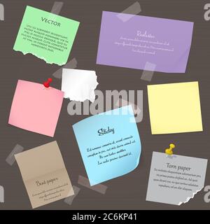 Set of paper banner notes stickers. Pieces of torn colorful blank note color paper. Various color paper sheets, note paper stuck by sticky tape Stock Vector