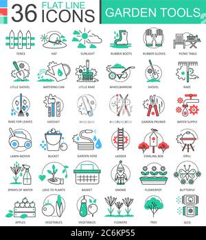 Vector Garden tools modern color flat line outline icons for apps and web design Stock Vector