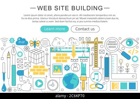 Vector elegant thin line flat modern website building concept. Website header banner elements layout. Presentation, flyer and poster Stock Vector