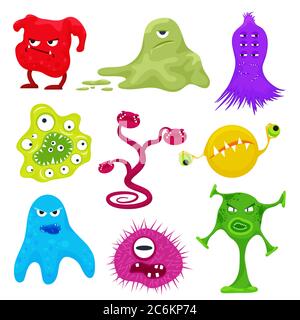 Vector cartoon evil bacteria germs. Angry agressive cute virus set Stock Vector