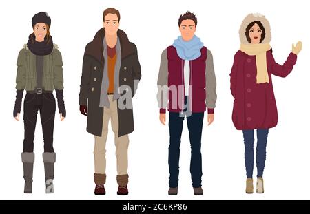 Handsome young guys with beautiful girls models in winter warm casual modern fashion clothes isolated. People couples Stock Vector