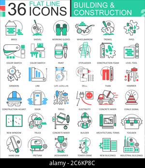 Vector Construction and building tools modern color flat line outline icons for apps and web design Stock Vector