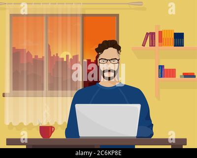 Man Freelancer designer hipster is working coding and programming on his laptop. Man drawing art design project in his own flat apartments Stock Vector