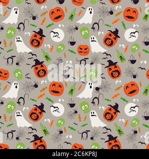 Seamless cartoon Halloween pattern. Halloween ghosts, spiders network and pumpkin characters Stock Vector