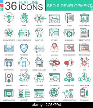 Vector SEO and development modern color flat line outline icons for apps and web design Stock Vector