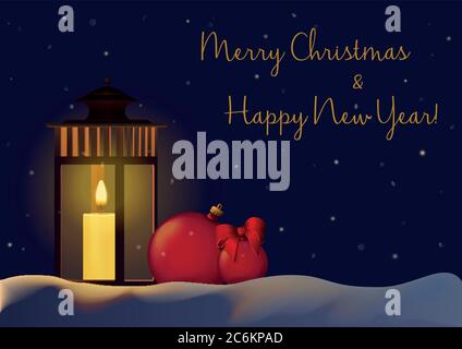 Christmas New Year Decorations background for greeting card with christmas balls and candle on the snow in night Stock Vector