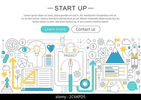 Vector elegant thin line flat modern design Start-up business concept. Website header banner elements layout. Presentation, flyer and poster Stock Vector