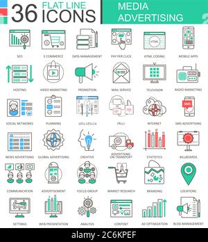 Vector Media advertising modern color flat line outline icons for apps and web design Stock Vector