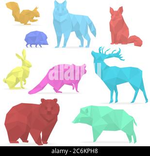 Animals low poly. Origami paper animals. wolf, bear, deer, wild boar, fox raccoon rabbit hedgehog Stock Vector