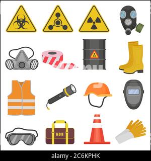 Industrial job work safety equipment flat icons set. Radiation and chemical protection Stock Vector