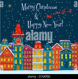 Winter landscape. Christmas holydays background with fairy tale houses. Merry Christmas card. Cute little town in winter. Greeting card Stock Vector