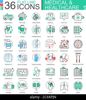Vector medical healthcare medicine modern color flat line outline icons for apps and web design Stock Vector