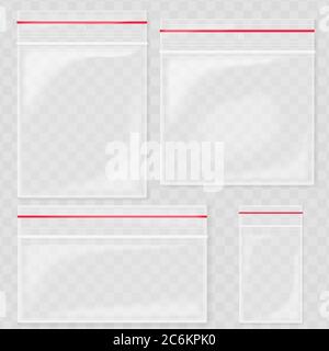 Empty Transparent Plastic Pocket Bags. Blank vacuum zipper bag. polythene container set on the transperant background Stock Vector