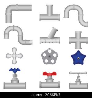 Construction plumbing pieces set of pipes, fittings, valve, gate. Plumbing, water pipes sewerage Stock Vector