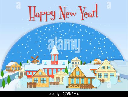 Merry Christmas vector card, cute little town in winter. Happy New Year snow village. Christmas urban and rural city landscape Stock Vector