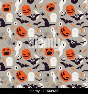 Seamless cartoon Halloween pattern. Halloween ghosts, bats and pumpkin boo characters Stock Vector