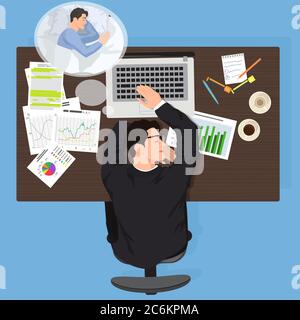 Tired business man worker sleeping at work. Exhausted office man worker see dreams. Tired Man thinking about bed top view Stock Vector