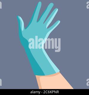 Hand in surgical glove on grey backdrop. Medical latex glove for social banner, web element, health care promo, medical poster. Chemist shop logo or i Stock Vector