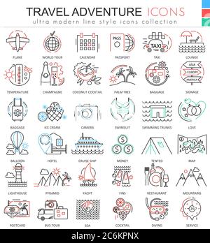 Vector Travel adventures ultra modern outline line icons for apps and web design. Travel sybols for app and web Stock Vector