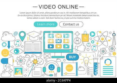Vector elegant thin line flat design Video online technology concept. Website header banner. Video tutorials learning Presentation, flyer and poster Stock Vector