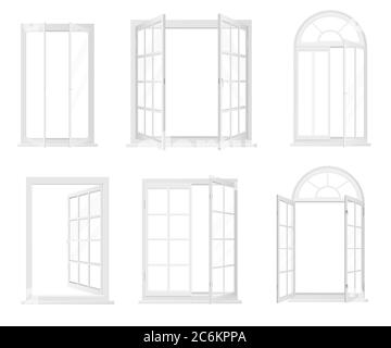 Different types of windows. Realistic decorative windows icons set Stock Vector