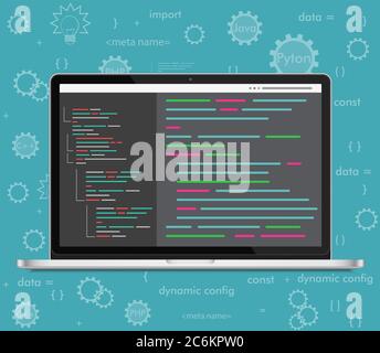 Vector laptop coding concept. Web developer, design, programming. Laptop screen code Stock Vector