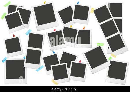 Realistic vector photo frame with on sticky tape and pins collection. Different Template photo design combinations Stock Vector