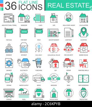 Vector Real estates modern color flat line outline icons for apps and web design. Real estate icons Stock Vector