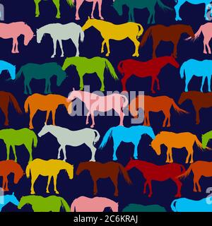 Retro style seamless vector pattern with horses silhouettes in colors Stock Vector
