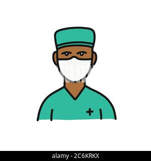 doctor with medical mask avatar doodle icon, vector color illustration Stock Vector