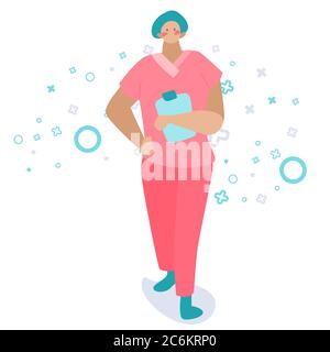 Female medic on white backdrop. Nurse with tablet for social banner or propaganda, web element, health care promo, medical poster. Chemist shop logo o Stock Vector