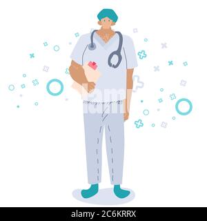 Medic male on white backdrop. Doctor with stethoscope for social banner or flyer, web element, health care promo, medical poster. Chemist shop logo or Stock Vector