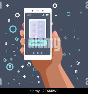 Mobile phone app on grey backdrop. Antibiotics online order for social banner, health care promo, web element, medical poster. Online chemist shop or Stock Vector