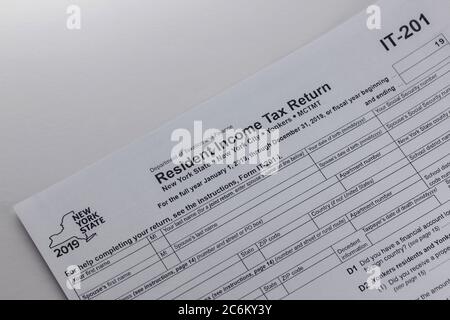 heading of a blank new york state resident income tax return document IT-201 from 2019 ona white background Stock Photo