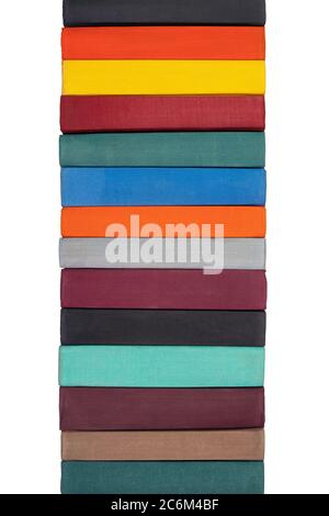 Stack of old hardcover books on bookshelf. Close-up view of multi-colored vintage hardback books. Objects isolated on white background Stock Photo