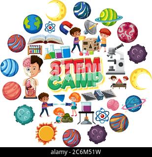 Science camp logo with many planets in circle shape isolated illustration Stock Vector