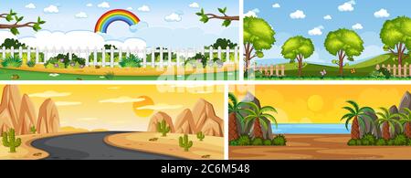 Set of different nature place scene in vertical and horizon scenes at daytime illustration Stock Vector